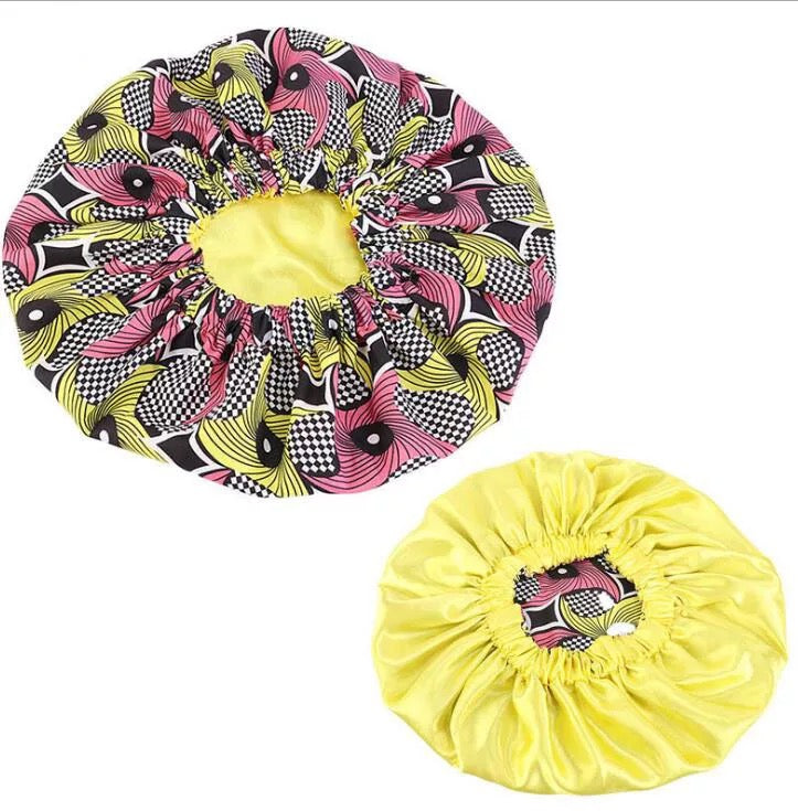 Yellow Pink black whiteSatin Ankara Bonnet