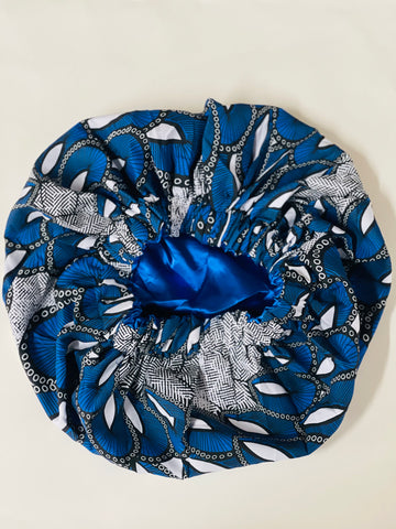 Royal Blue & White Satin Ankara Bonnet