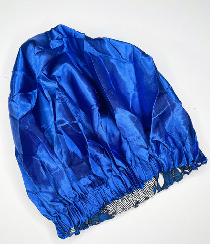 Royal Blue & White Satin Ankara Bonnet