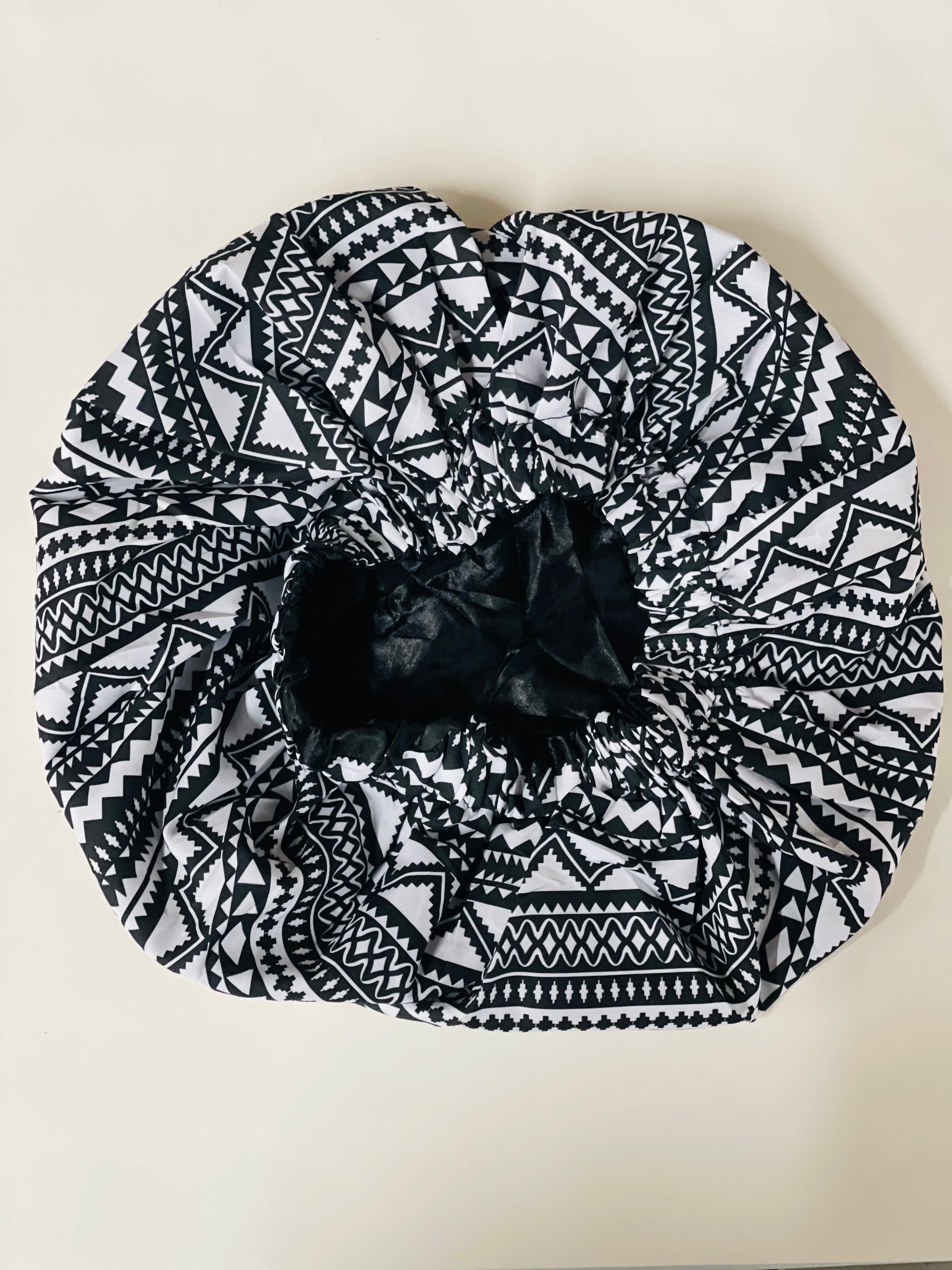Black & White Ankara Satin Bonnet